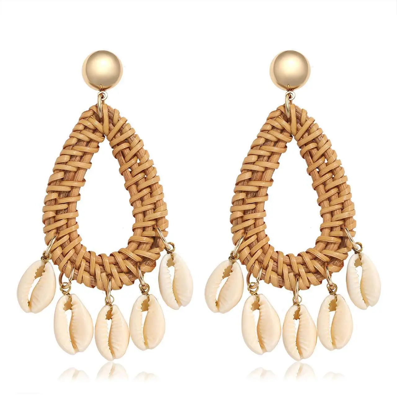 

Bohemian Summer Earring Jewelry with Handmade Staw Weave Rattan Knit Earring Sea Ocean Shell Earring for Women Gift