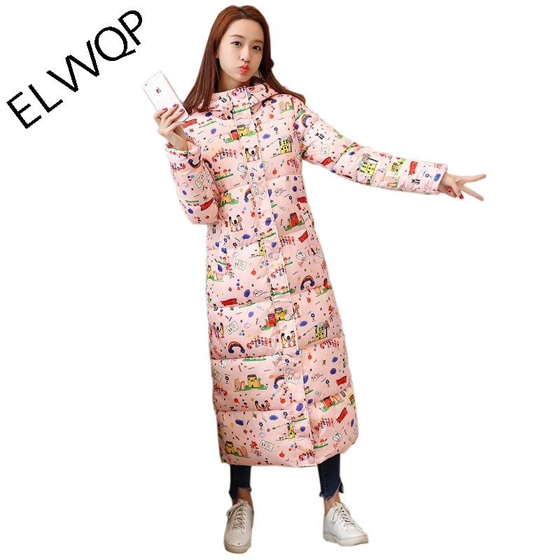 2018 New Winter Jacket Female Parka Coat Cartoon lovely Long Down Jacket Plus Size Long Hooded Duck Down Coat Jacket Women LF907