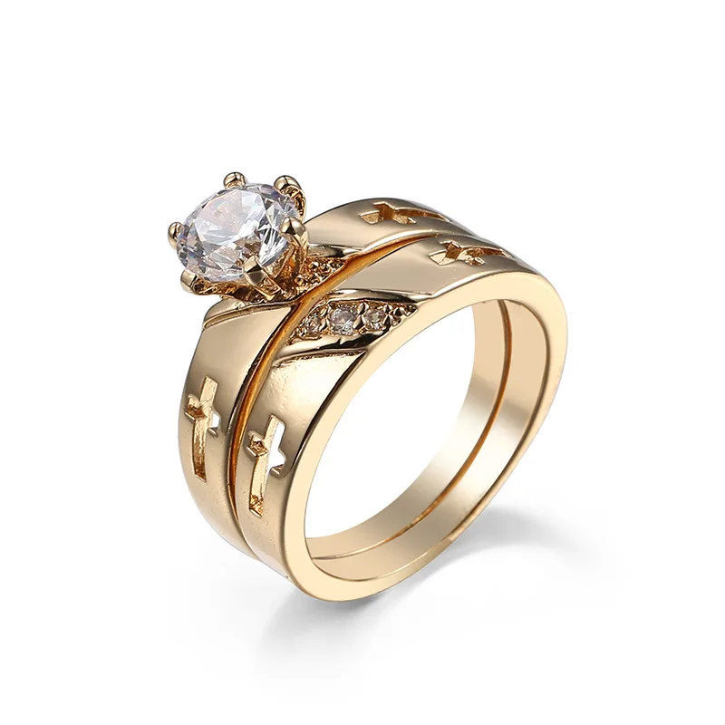 

1 Pair Anti Allergy Cubic Zirconia Paved Engagement Jesus Cross couple Rings Sets Gold Color Crystal Wedding Jewelry For Women
