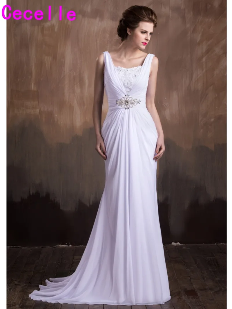 2019 Mermaid Long Chiffon Beach Wedding Dresses Straps Ruched Informal Reception Bridal Gowns 