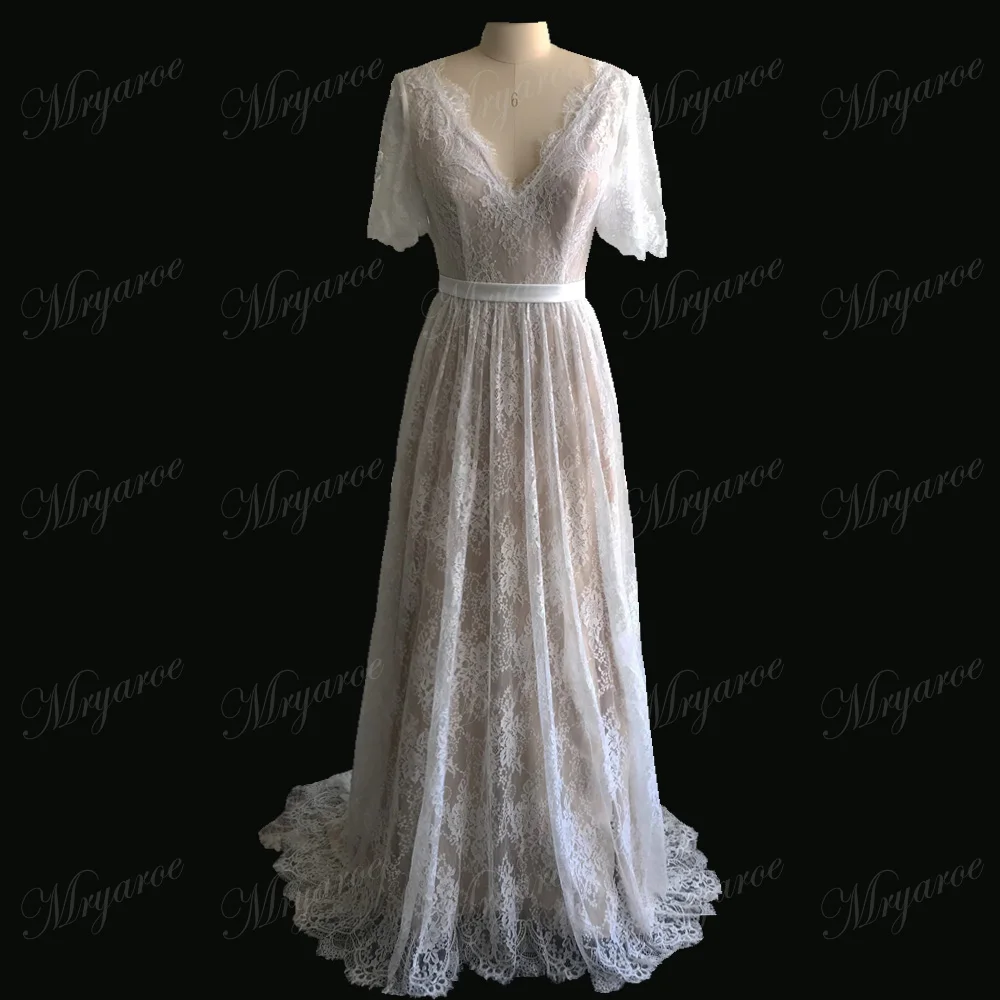 Mryarce New Arrival Flare Sleeves Lace Bohemian Garden Wedding Dress V Neck A Line Open Back Boho Bridal Gowns 5