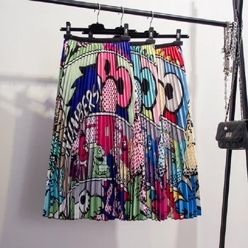 

2019 Spring Summer Fashion Skirts New-Coming European Cartoon Pattern High Waist Elasticity Pleated A-line Mid-Calf Skirts