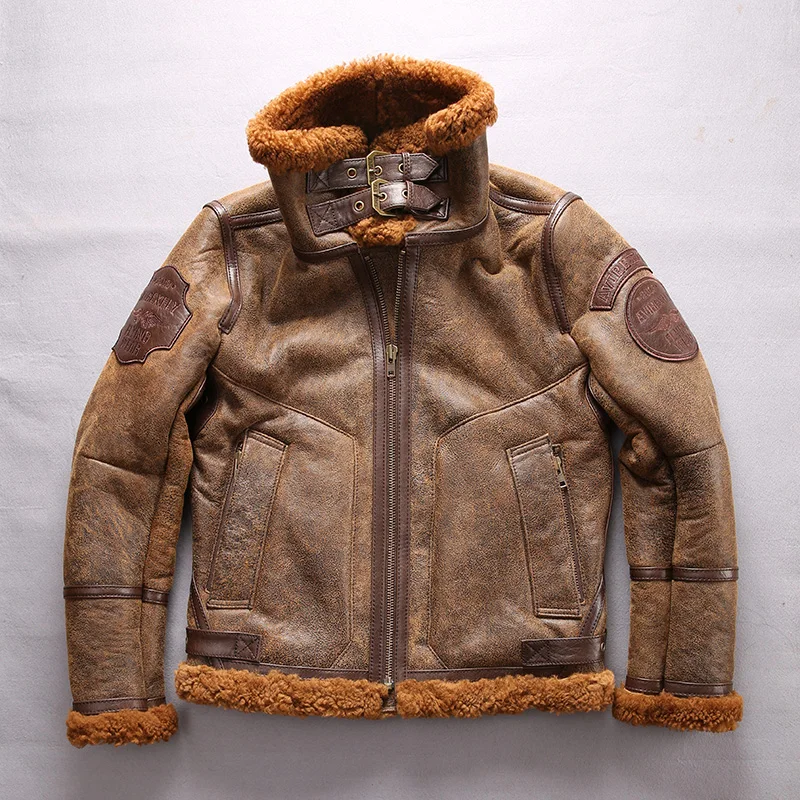 90% OFF european size high quality super warm genuine sheep leather jacket mens big size B3 shearling bomber military fur jacket 8001