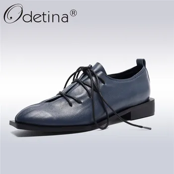 

Odetina Spring Autumn Genuine Leather Handmade Brogue Shoes Women Fashion Platform Square Toe Lace Up Flats Women Casual Shoes