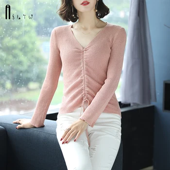 

ASLTW New Drawstring Women Sweater Autumn Spring Fashion Slim V Neck Pullover Knitwear Long Sleeve Sweater Women