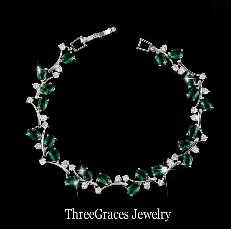 ThreeGraces романтические CZ Ювелирные изделия лист и цветок кубического циркония свадебные браслеты подарок для подружки невесты BR031 - Окраска металла: emerald green