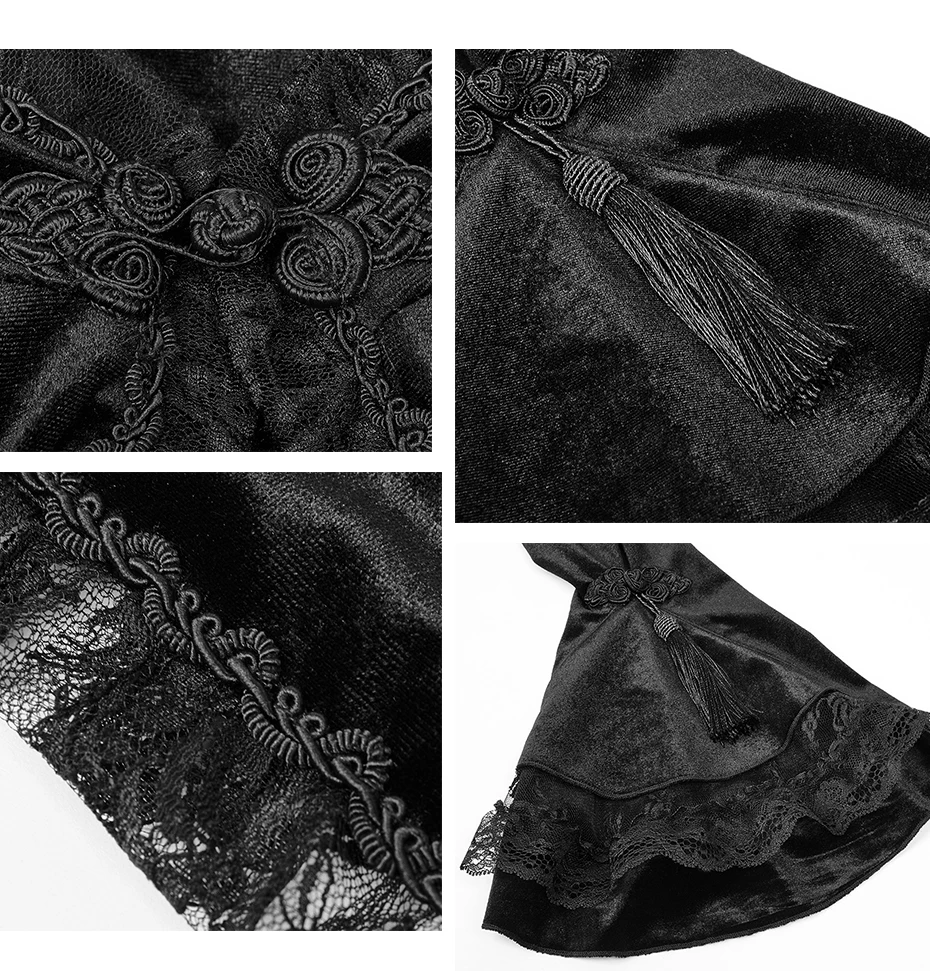 Панк рейв Лолита готика девушки платье с сочетающаяся куртка черный комбинированный стрейч бархат декольте кружева листьев лотоса край короткое пальто