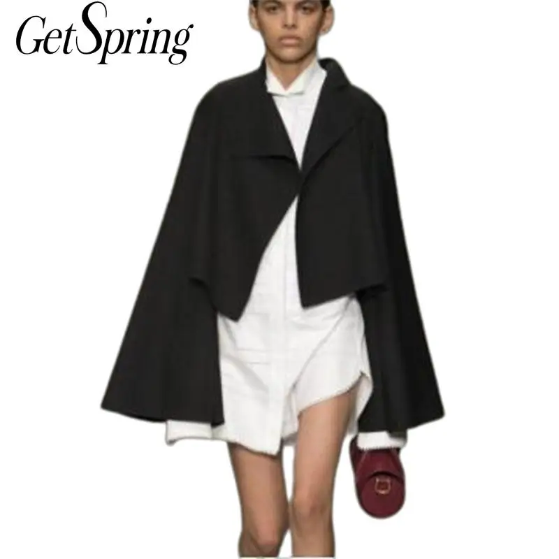 GETSPRING Women Coat Flare Sleeve Irregular Coats Jackets Women Black Wool Asymmetry Short Short Jacket Coats Women New