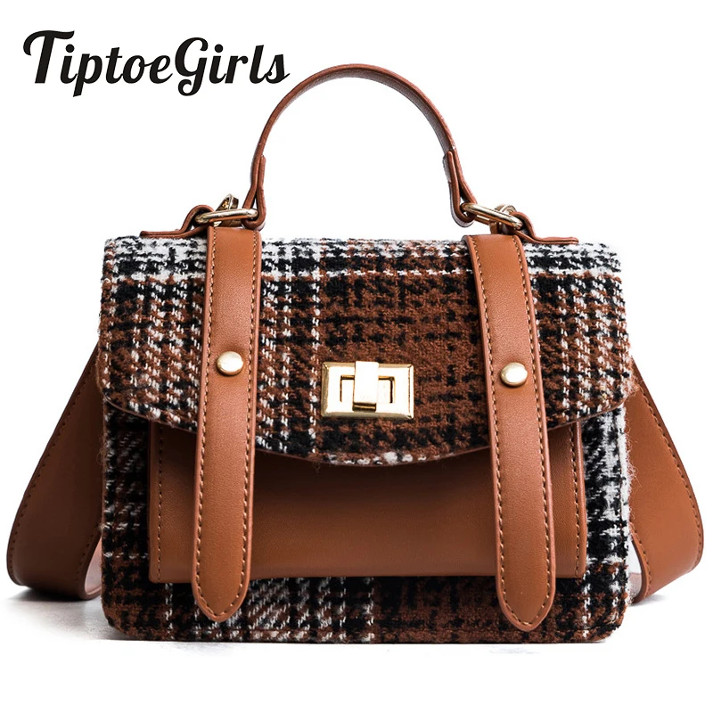 

Woolen Buckle Handbag Fashion Wild Plaid Retro Small Square Package Messenger Shoulder Bag