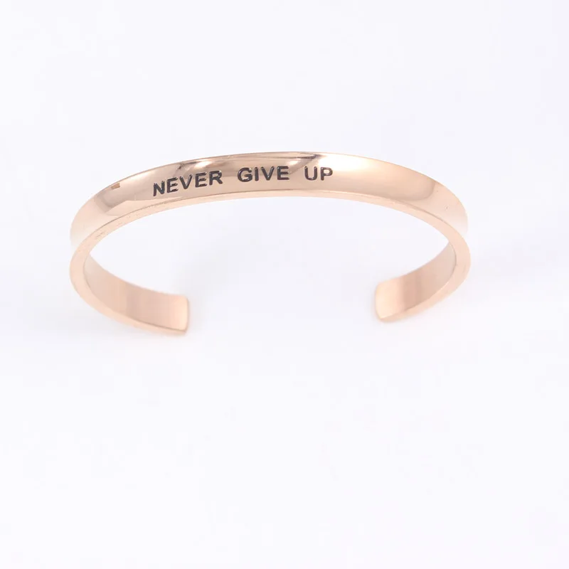 

NEVER GIVE UP Stainless Steel Engraved Positive Inspirational Quote Cuff Mantra Bracelet Bangle For Gift