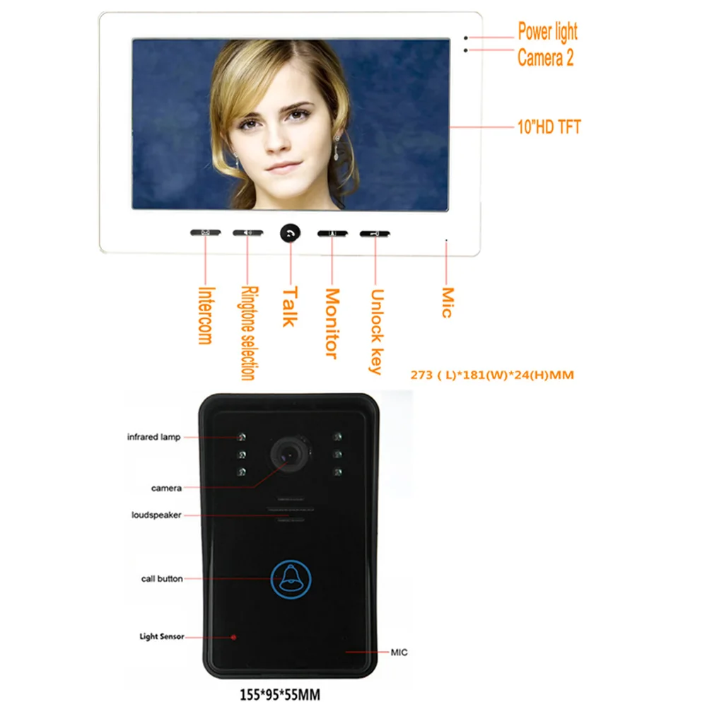 2 монитора 10 "видеодомофон домофон дверной звонок сенсорная кнопка дистанционного разблокировки ночного видения камеры видеонаблюдения