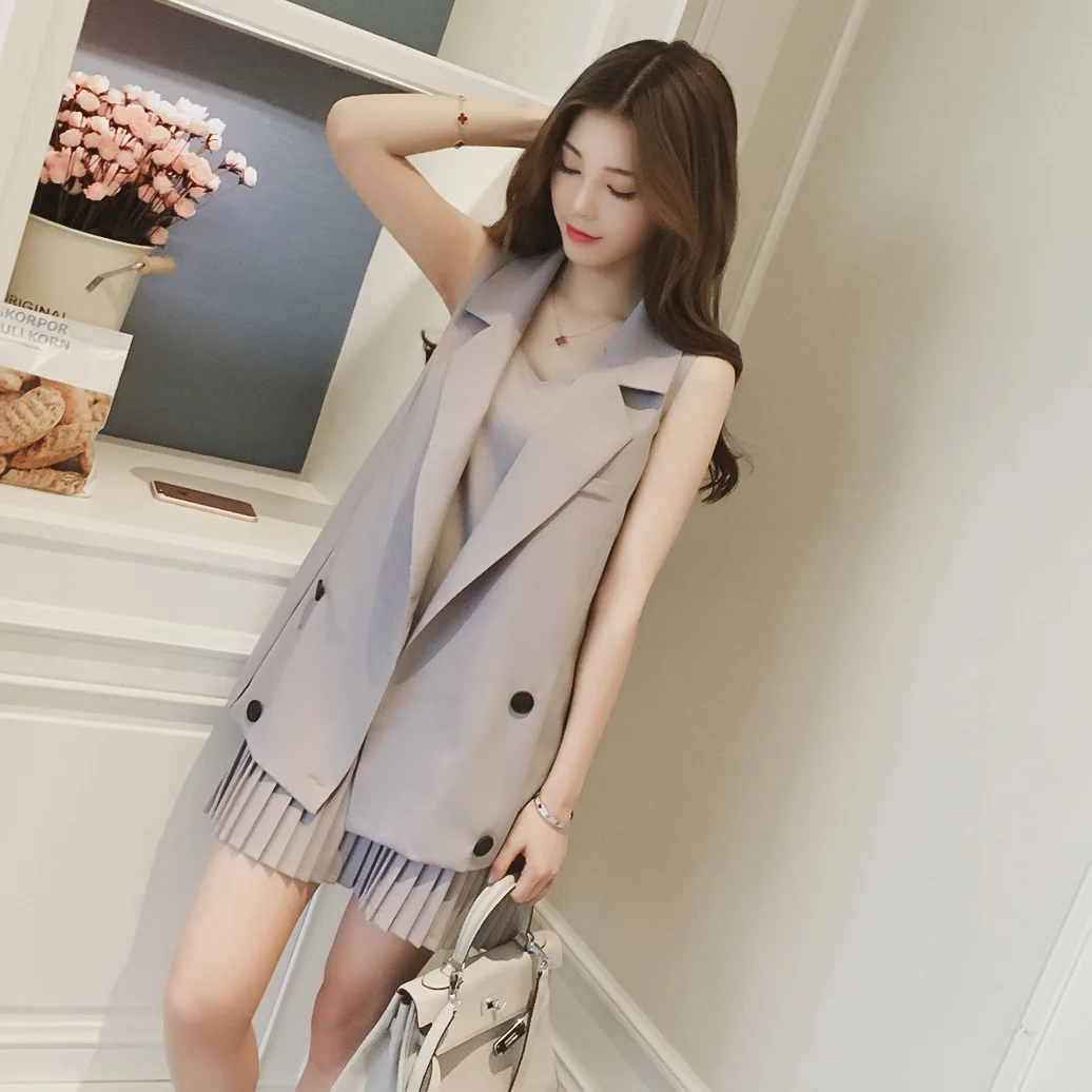 

Spring and summer in the long paragraph suit vest jacket + pleated strap dress fashion suit female leisure two-piece