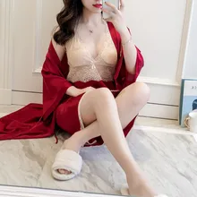 Шелковые халаты для женщин, сексуальный халат, халат, халат и ночное платье, 2 предмета, кружевные пижамы, летние комплекты