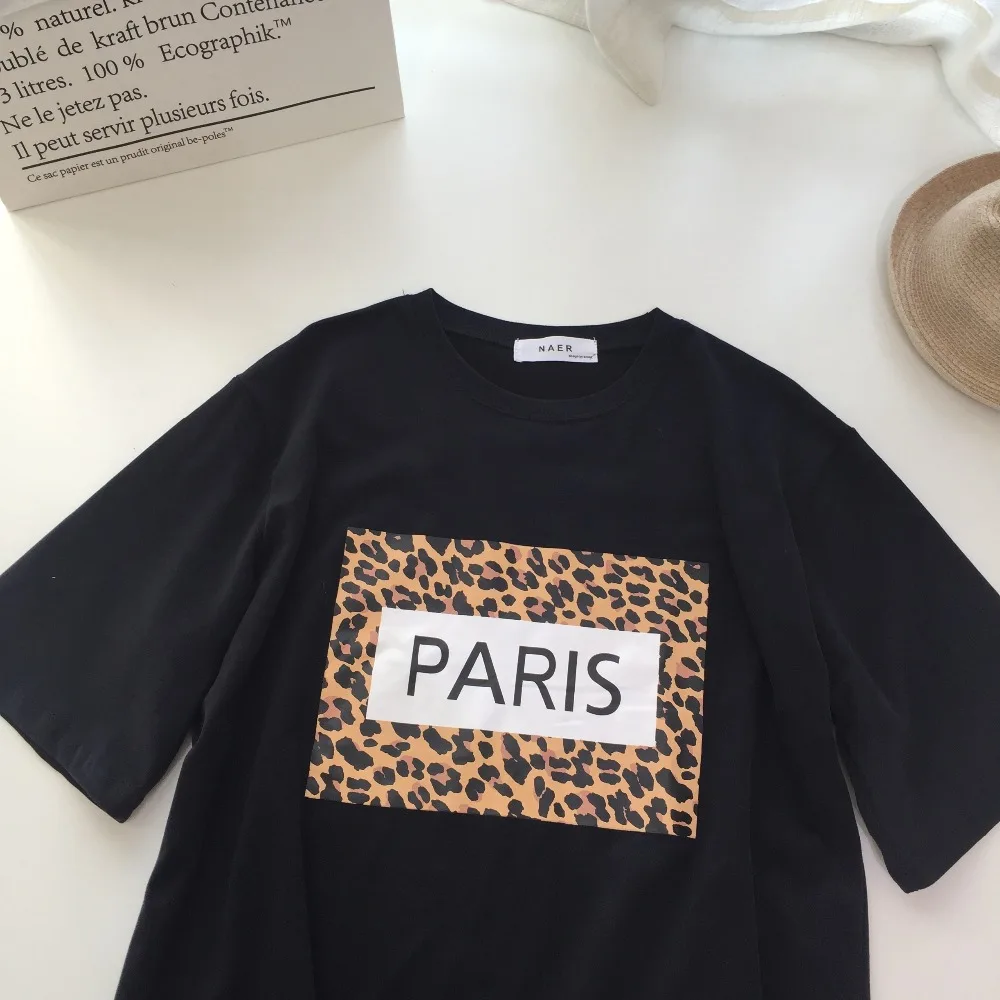 Женские летние хлопковые футболки с леопардовым принтом из Парижа, женские креативные футболки с коротким рукавом, женские свободные футболки с круглым вырезом, большие размеры