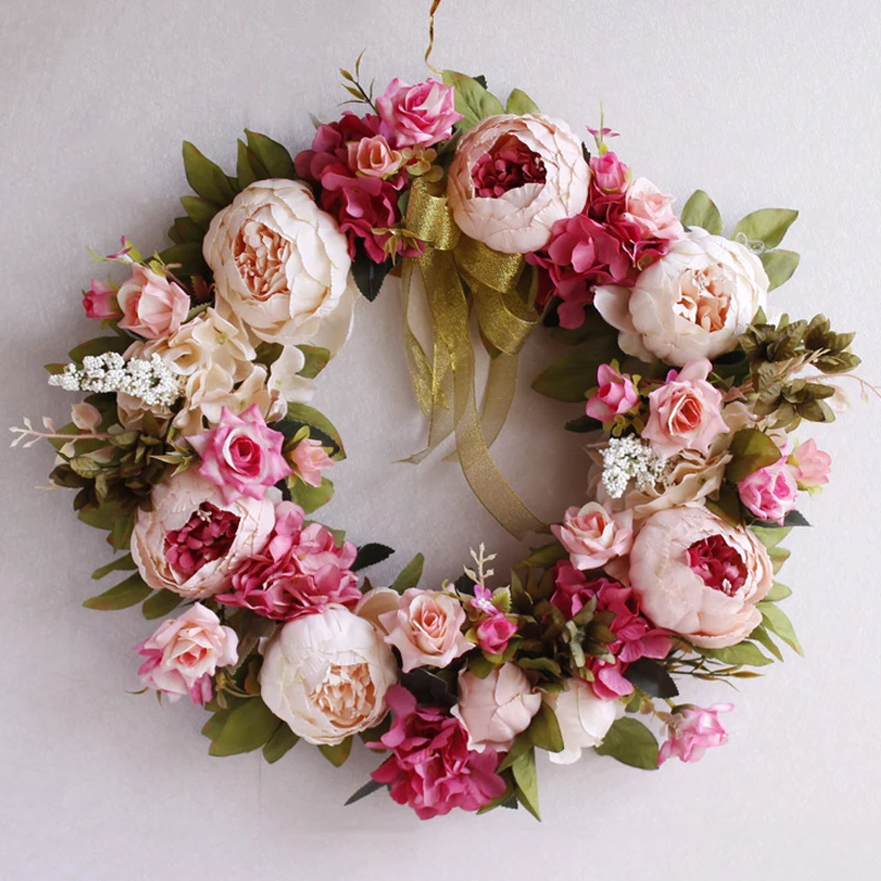 16 Inch Atificial Peonies Hydangea Weath Pink Peony Flowers With Daisy Spring Summer Wreaths Grapevine Green Leaves For Front Door Wall Wedding Ho%2f15745413444