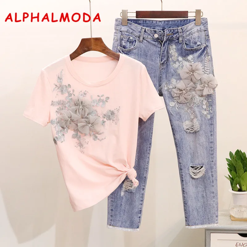 

ALPHALMODA Heavy Work Embroidery Flower Tshirts + Jeans Women Summer 2pcs Fashion Suits Vogue Stylish European Fashion Sets