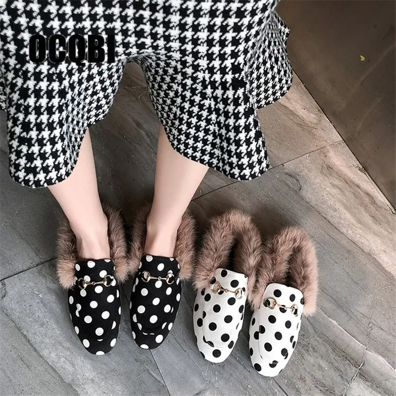 Brand Fur Metal Buckle Slippers Designer Fashion Polka Dot