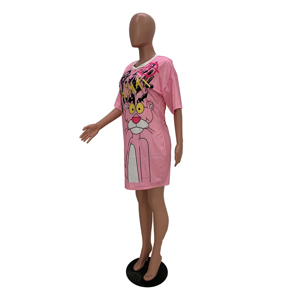 Платье с бриллиантами в виде животных, женское платье-футболка с розовой пантерой, платье-футболка с бисером, летнее платье с круглым вырезом и коротким рукавом, свободная модель Z342