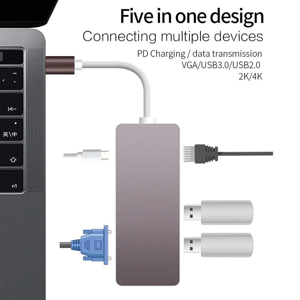 5 в 1 Многофункциональный Тип usb C концентратор USB 2,0/3,0 4 K* 2 K Высокое разрешение Выход и VGA Порты и разъёмы для всех компьютер с Тип-C Интерфейс