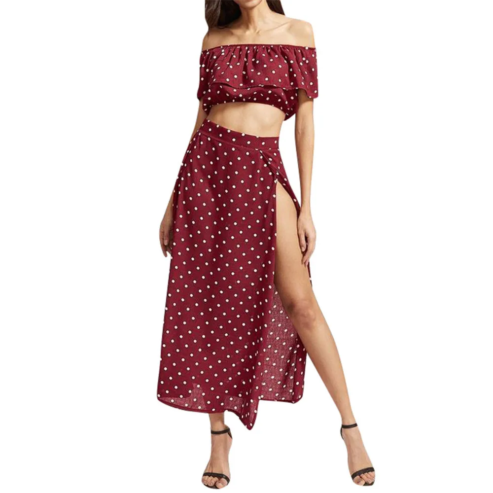 

JAYCOSIN Women Clothes Set Sexy Chiffon Two Piece Set Off Shoulder Ruffled Top And Long Skirt Ladies Summer Casual Outfits 2019
