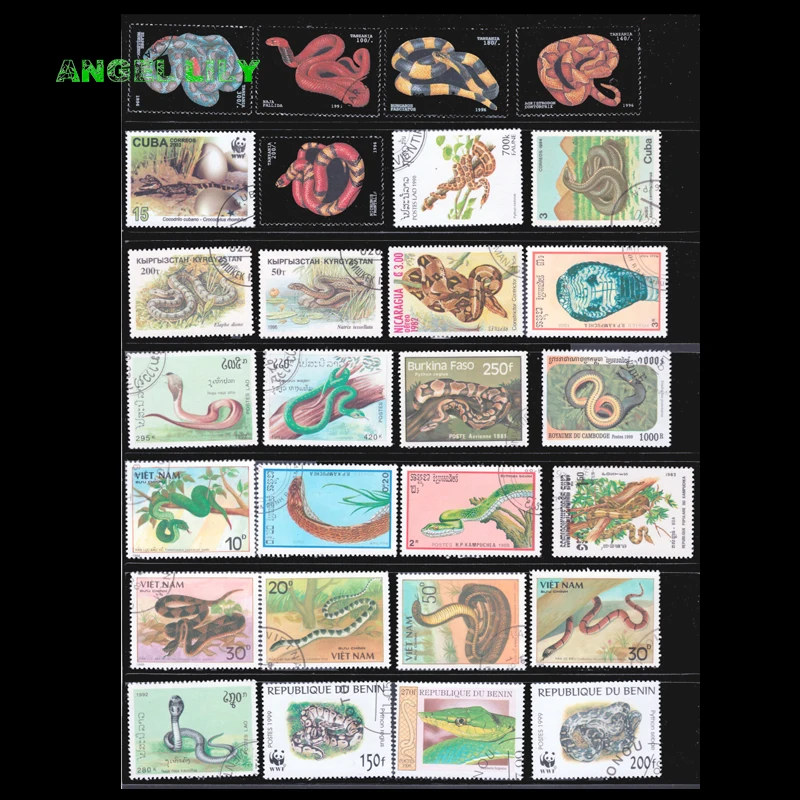 100 PCS All Different Reptiles Unused Postage Stamps With Post Mark For Collection