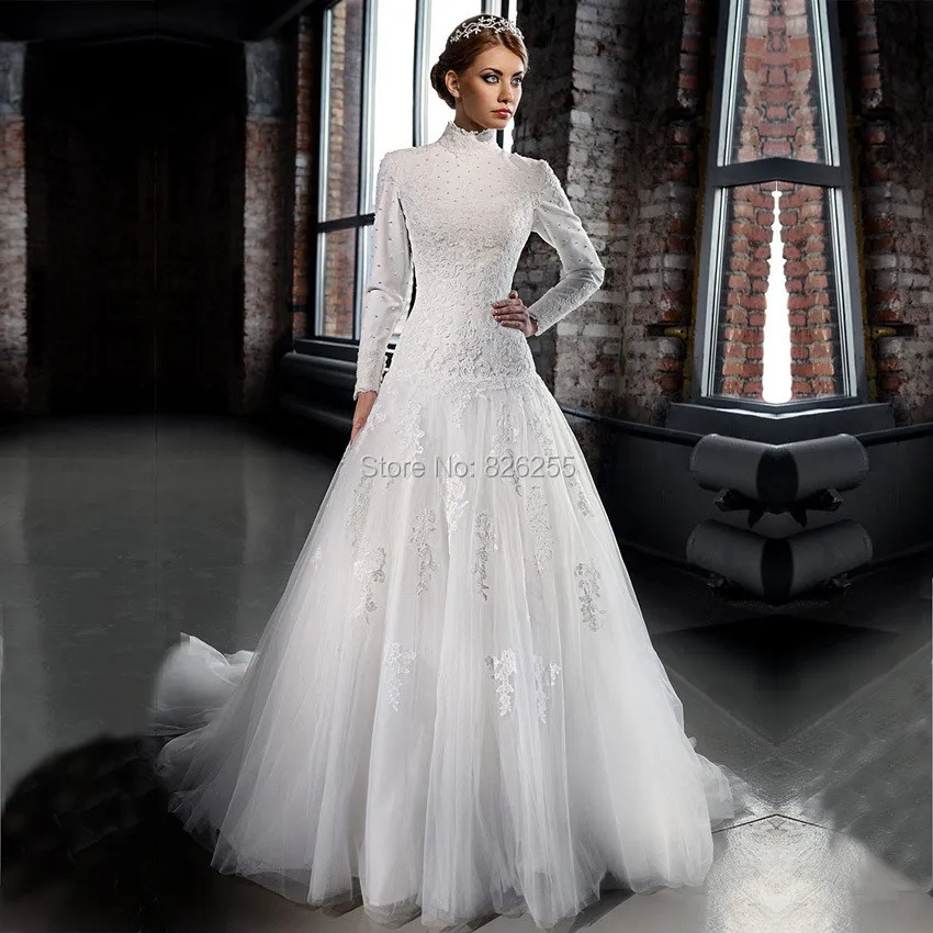 New Model High Neck Full Sleeve Appliques Button Back A line Tulle