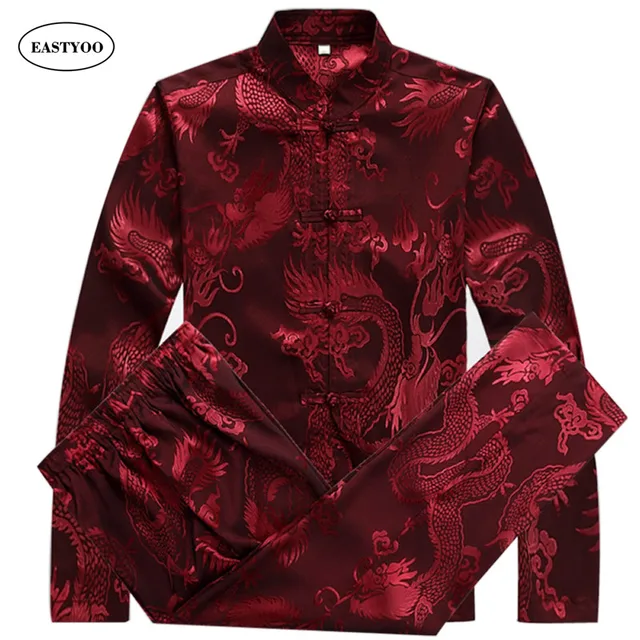 Silk Shirts Men Dragon Mandarin Collar Shirt Long Sleeve Plus Size 3XL Chinese Shirts Dress Kung