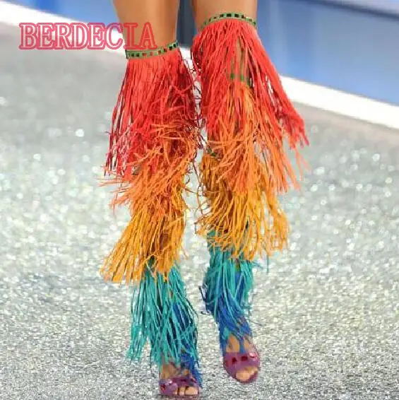 2017 Hot Rainbow Fringe Women Over The Knee Boots Sexy Open Toe Buckles Side Ladies Gladiator Boots Zipper Back High Heel Boots