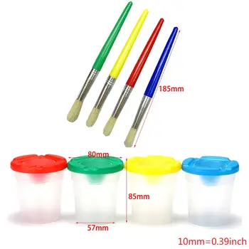 

4 Colors Spill-Proof Paint Canists with Caps and 4 Parts Colors Assorted Children's Paint Brushes set
