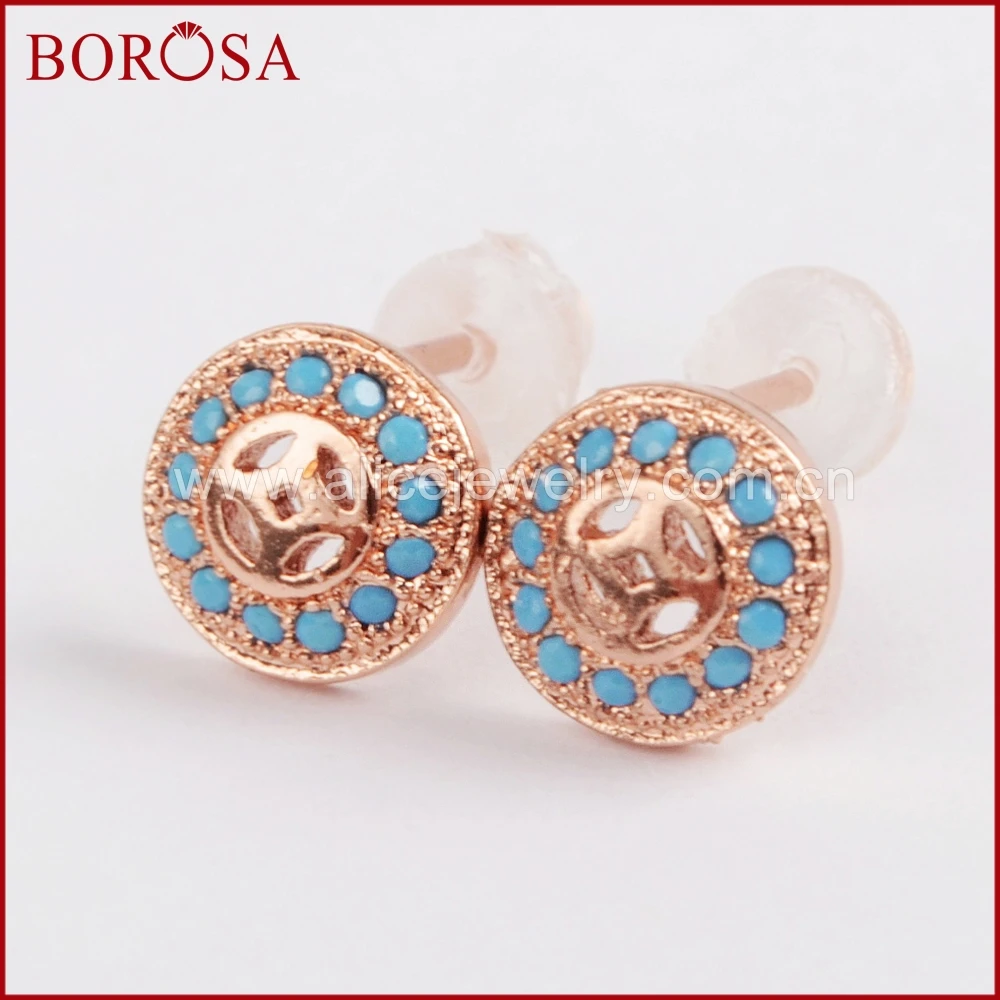 

BOROSA 7mm CZ Micro Pave Blue Zircons Tiny Round Stud Earrings Fashion Drusy Earrings for Women Girls Jewelry WX709