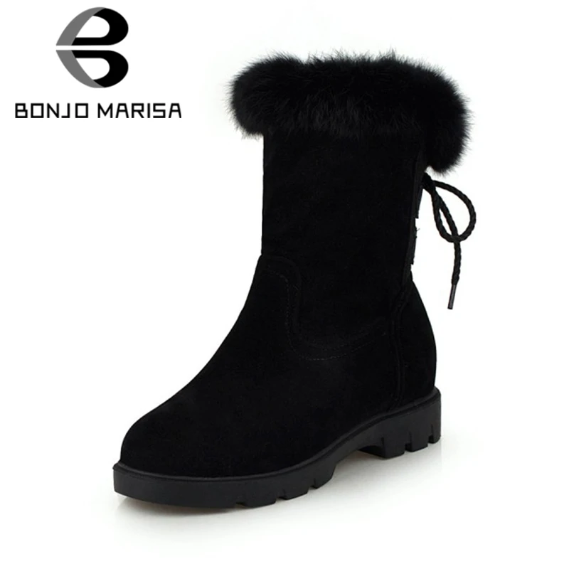 

BONJOMARISA 2019 Winter New Big Size 33-43 Ankle Snow Boots Women Flock lace-up Platform Boots Warm Fur Med Heels Shoes Woman