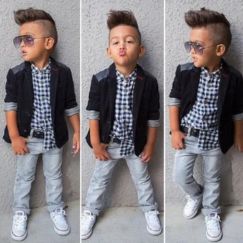Hooyi Ragazzi 3 Pezzi Vestiti Abiti Bambini Set Moda Giacca per bambini + Camicia + Jean Abiti per neonato Cappotto Camicie a quadri Pantaloni