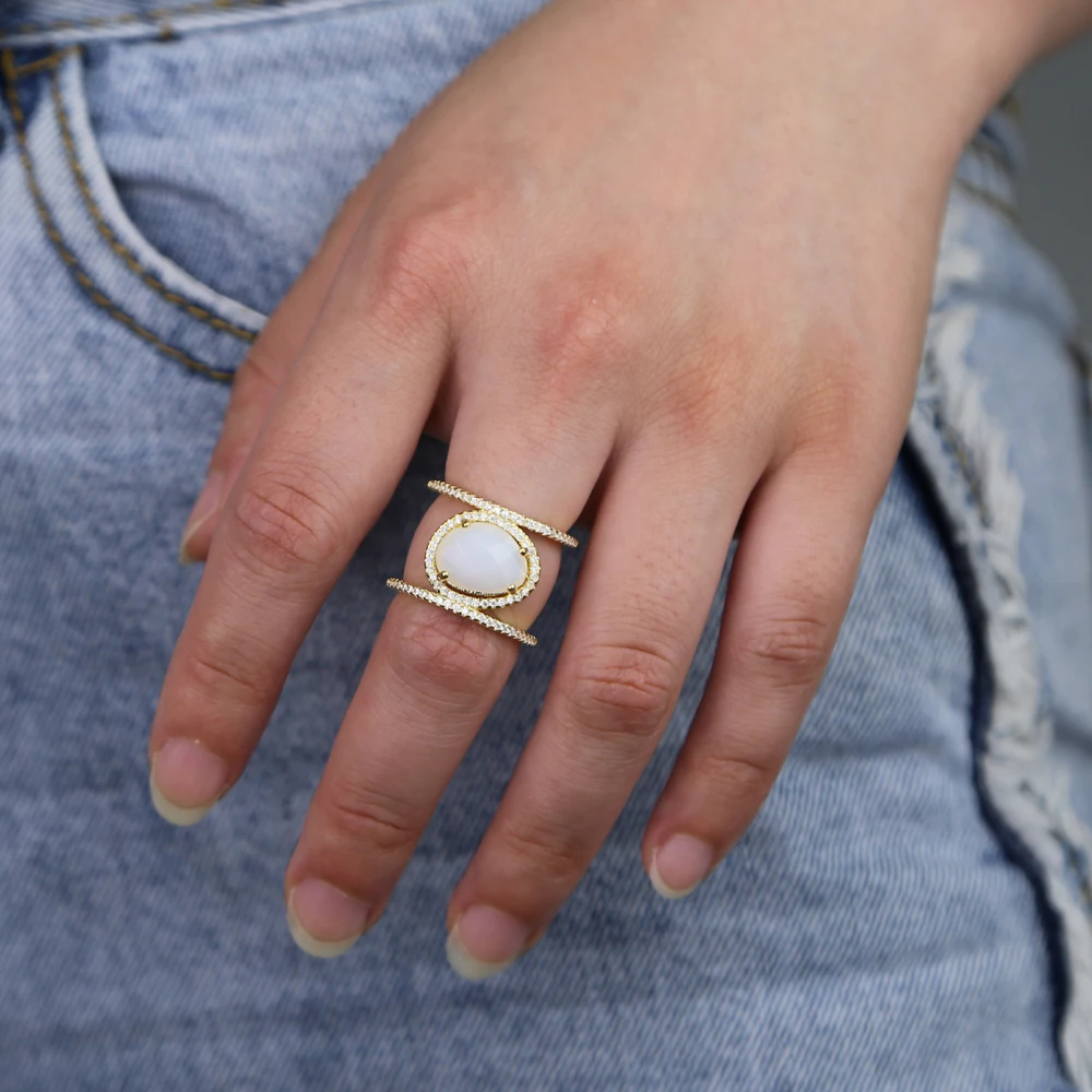 

Gold color big stone H shape Full finger women rings fashion high quality cz engagement rings