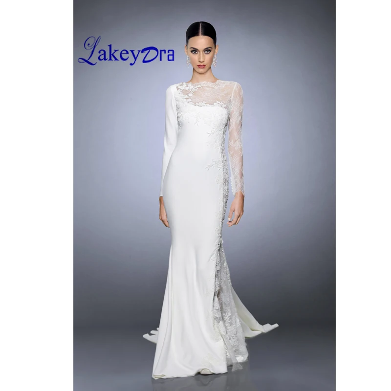 

Lakeydra Mermaid Wedding Dresses Lace White vestidos de noiva Boat Neck Button Zipper Back Illusion Long Sleeve Bridal Gowns