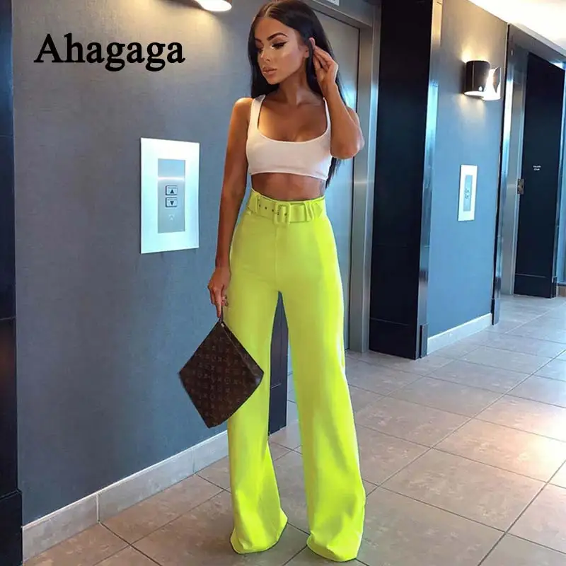 

2019 Fluorescent Green Pants Women Fashion Solid Color Sashes Wide leg pants High Waist Office Streetwear Women Trousers Bottom