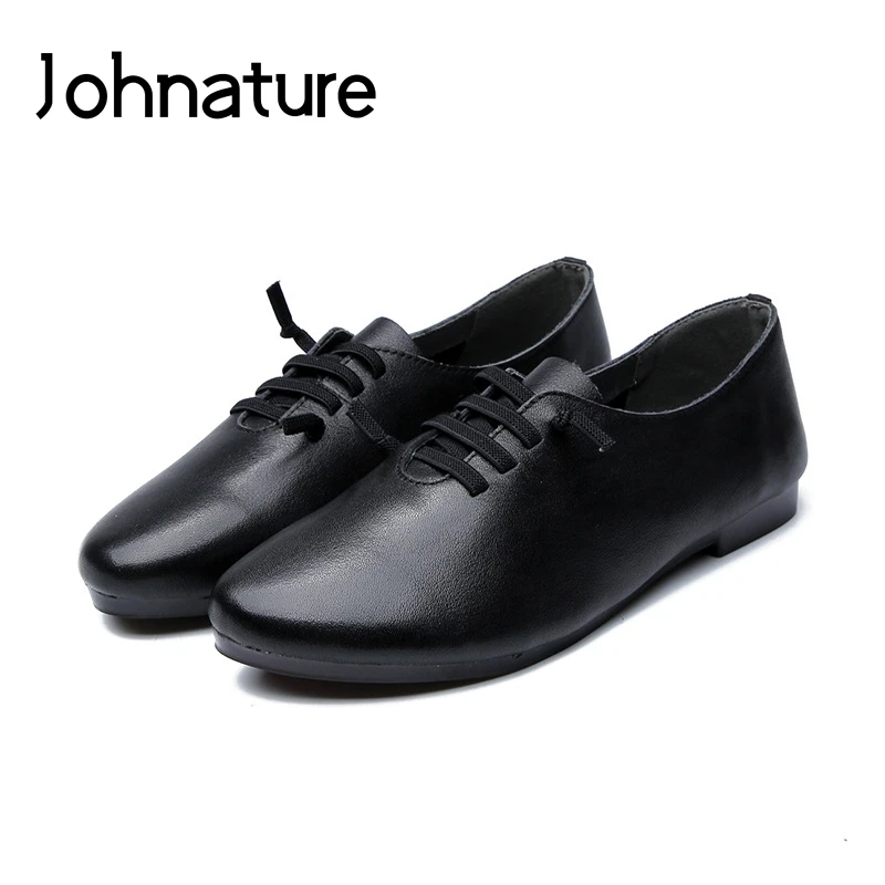 

Johnature 2019 New Spring/Autumn Genuine Leather Casual Round Toe Retro Elastic Band Sewing Flats Women Shoes