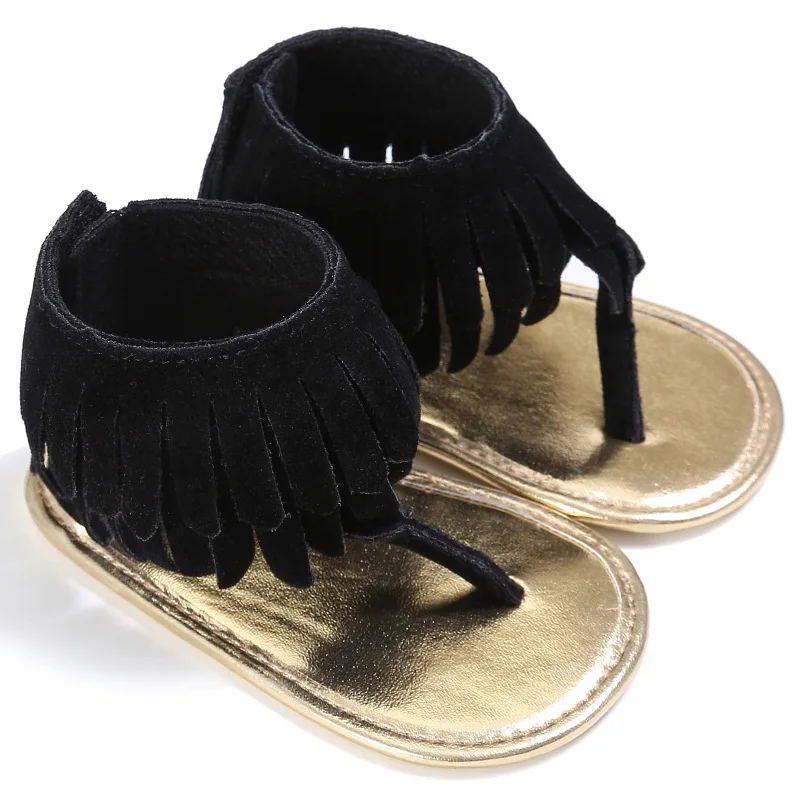 Летние Детские Т-образные полиуретановые кожанные сандалии из замши двойные Мокасины с бахромой для малышей обувь для девочек с мягкой подошвой