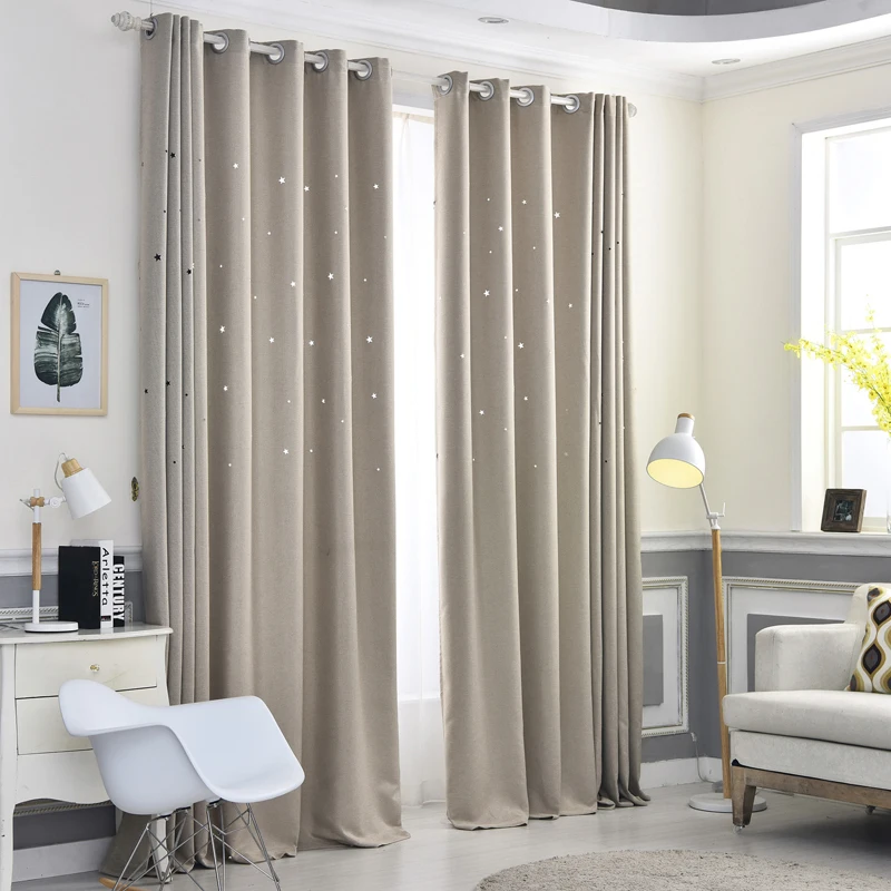 Modern Hollow Star Faux Linen Blackout Curtains For Living Room Bedroom