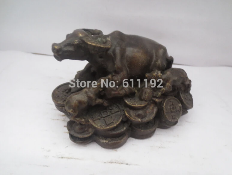 

Hand-carved copper Gilt bull coin sculpture,Antique FengShui decoration Lucky cow statue