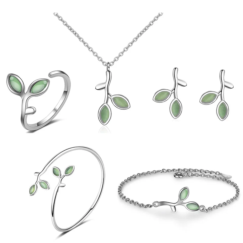 

XIYANIKE 925 Sterling Silver Minimalist Opal Green Leaf Leaves Jewelry Sets For Women Lover Birthday Gift NE+EA+BR+BA+RI 2019
