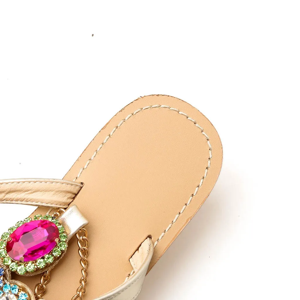 Сандалии женская обувь лето г. Обувь в богемном стиле Стразы цепи сандалии-гладиаторы на плоской подошве шлепанцы с кристаллами sandalias mujer