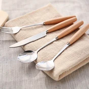 

Wooden Handle Luxury Outdoor Cutlery Set 4pcs Dinnerware Set Stainless Steel Plated Silver Knife Fork Tableware Cutlery