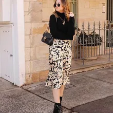 Наоми-цветок силовой печати Дикая сторона 3/4 длина Скрытая эластичная высокая талия легко 90's женщин шелковый атлас Слип юбка