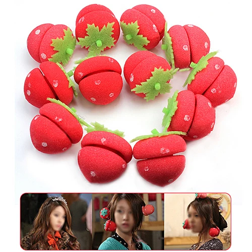 Hot 12pcs Strawberry Balls Hair Care Soft Sponge Roll Rollers Styling Curlers Lovely DIY Tools 5W71
