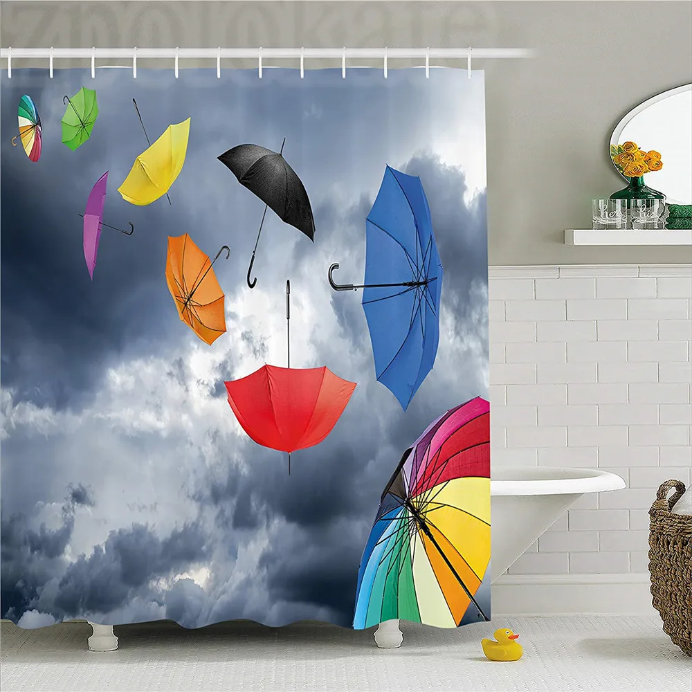 Apartment Decor Shower Curtain, Parasols on Foreground of Dark Cumulus