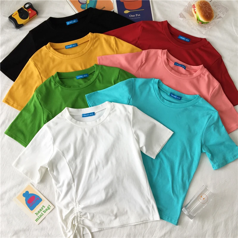 

7 Solid Color Basic Tshirt Women Korean Style High Street Lace-up White T Shirt Femme All-match Black Summer Tops for Women 2019