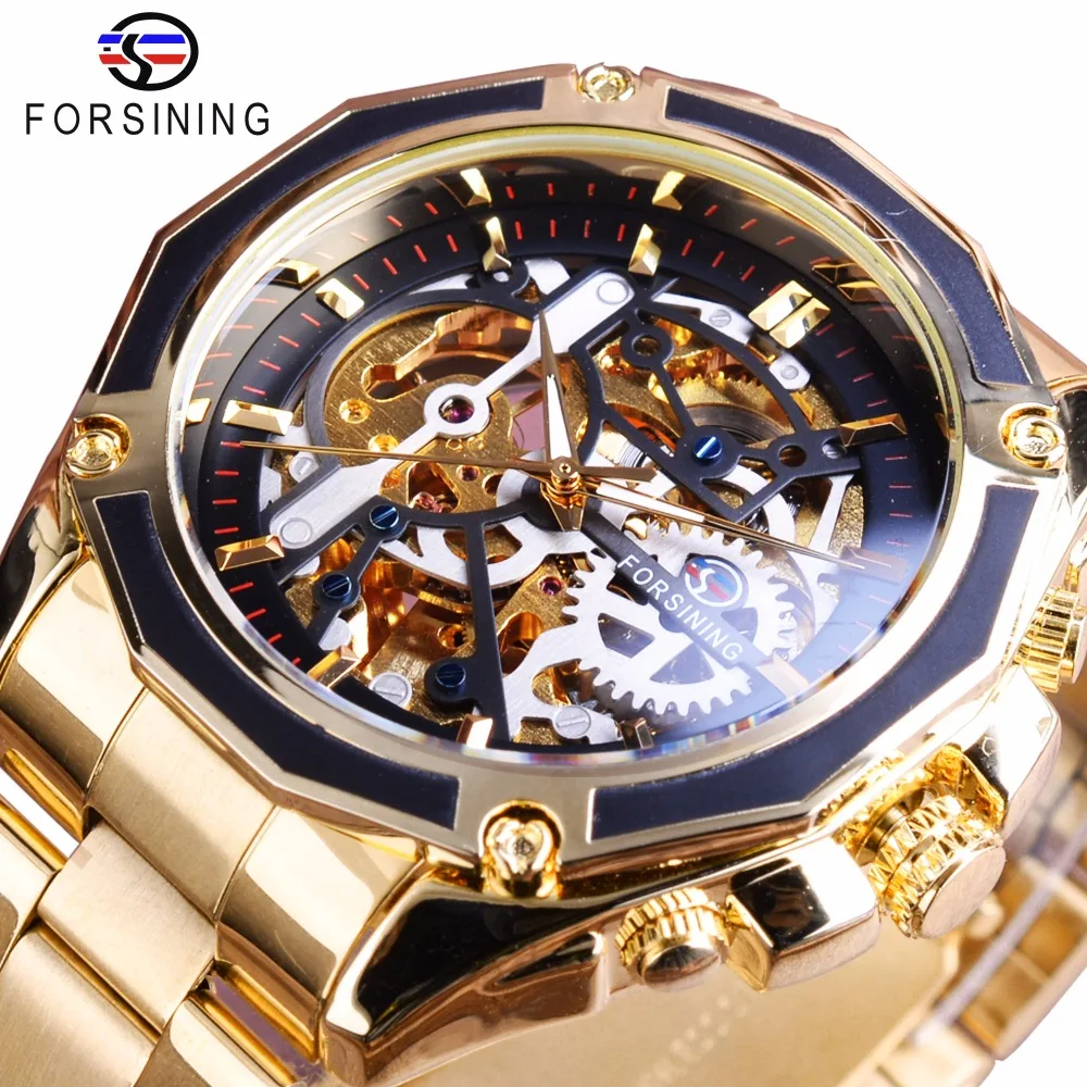 Online Forsining Steampunk diseño de engranaje caja transparente reloj automático oro Acero inoxidable esqueleto lujo hombres reloj marca superior lujo