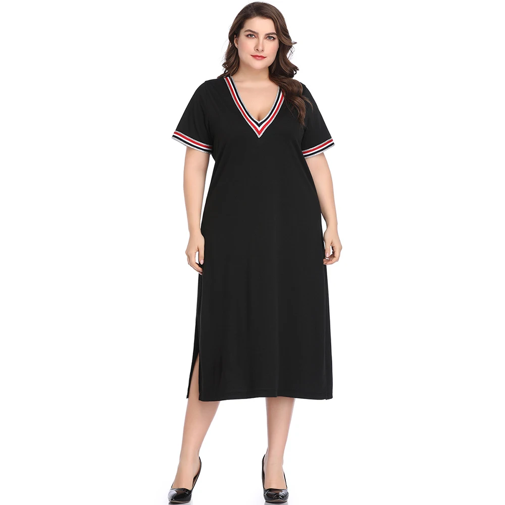 Woman Plus Size Mid calf Dress Fashion OL Split Cloth Casual Female Rib