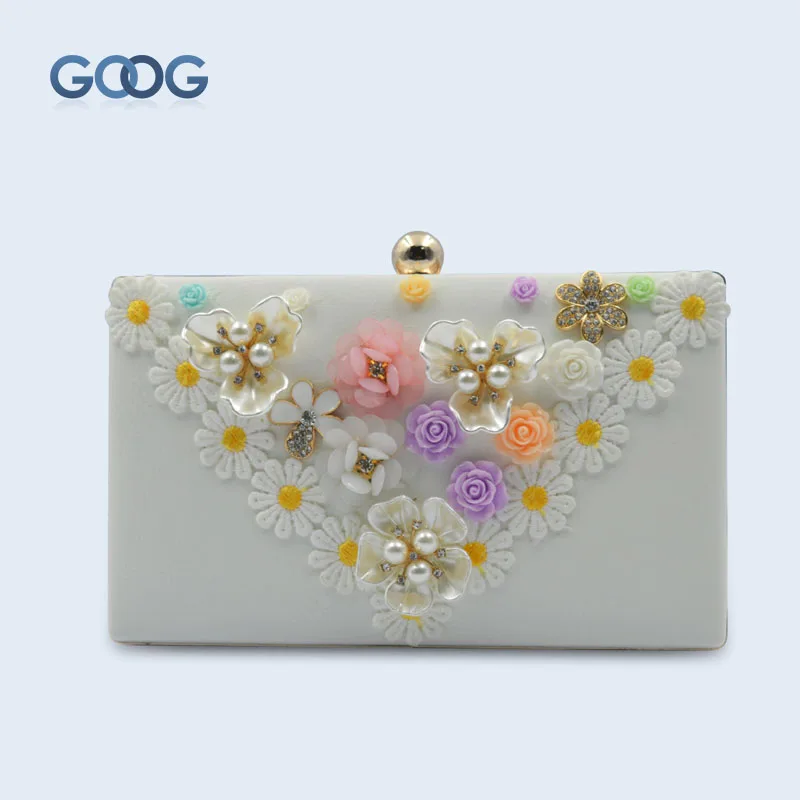 

GOOG.YU New Rectangular PU Leather White Flower Decoration Dinner Package Fashion Small Box Shape Carry Small Items Storage Bag