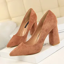New Women Pumps Shoes Flock Thick High Heels Fashion Solid Pointed Toe Concise Slip-On Shallow Office Lady Party Female Shoes New Women Pumps Shoes Flock Thick High Heels Fashion Solid Pointed Toe Concise Slip-On Shallow Office Lady Party Female Shoes